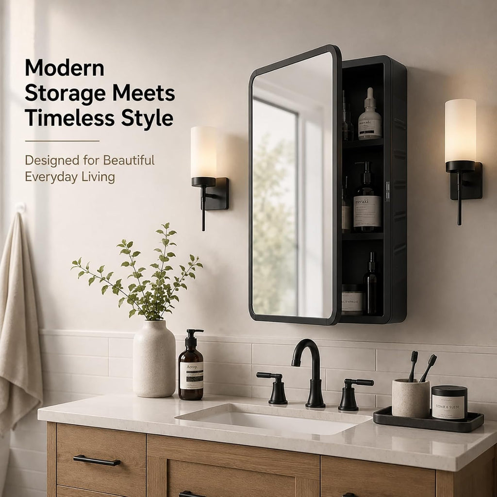 Medicine Cabinet with Mirror, 16x22 inch Black Recessed Medicine Cabinet or Surface Wall Mount Bathroom Cabinets with Adjustable Shelves Metal Framed Mirror, Rounded Rectangle Storage Cabinet