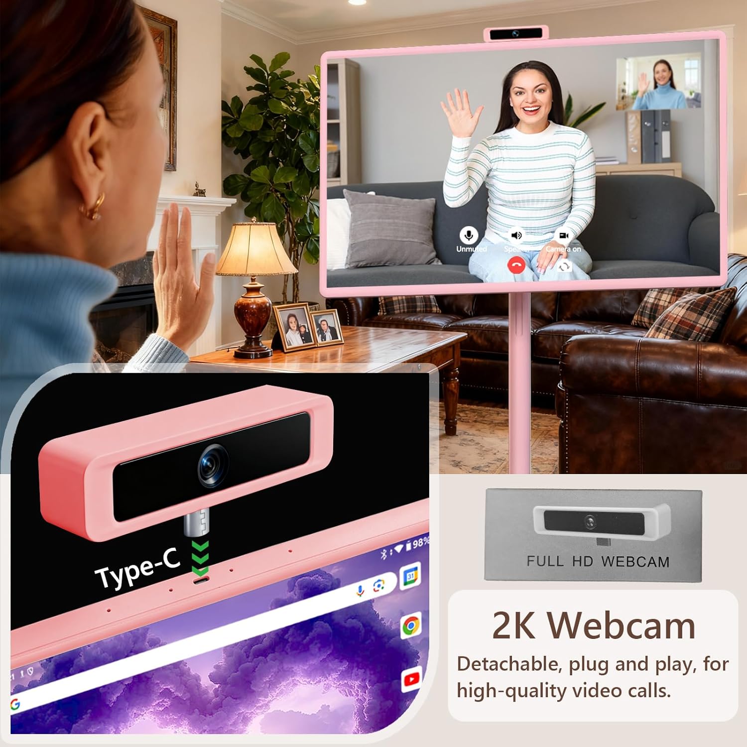 OFD 32" Portable TV on Wheels FHD,Android 15,EDLA-Certified,Rolling TV with 8+128GB ROM,Portable Touch Screen Monitor,Built-in Battery 6-8H Play Time,Voice Remote Control,8MP Webcam,Speaker,Rotatable