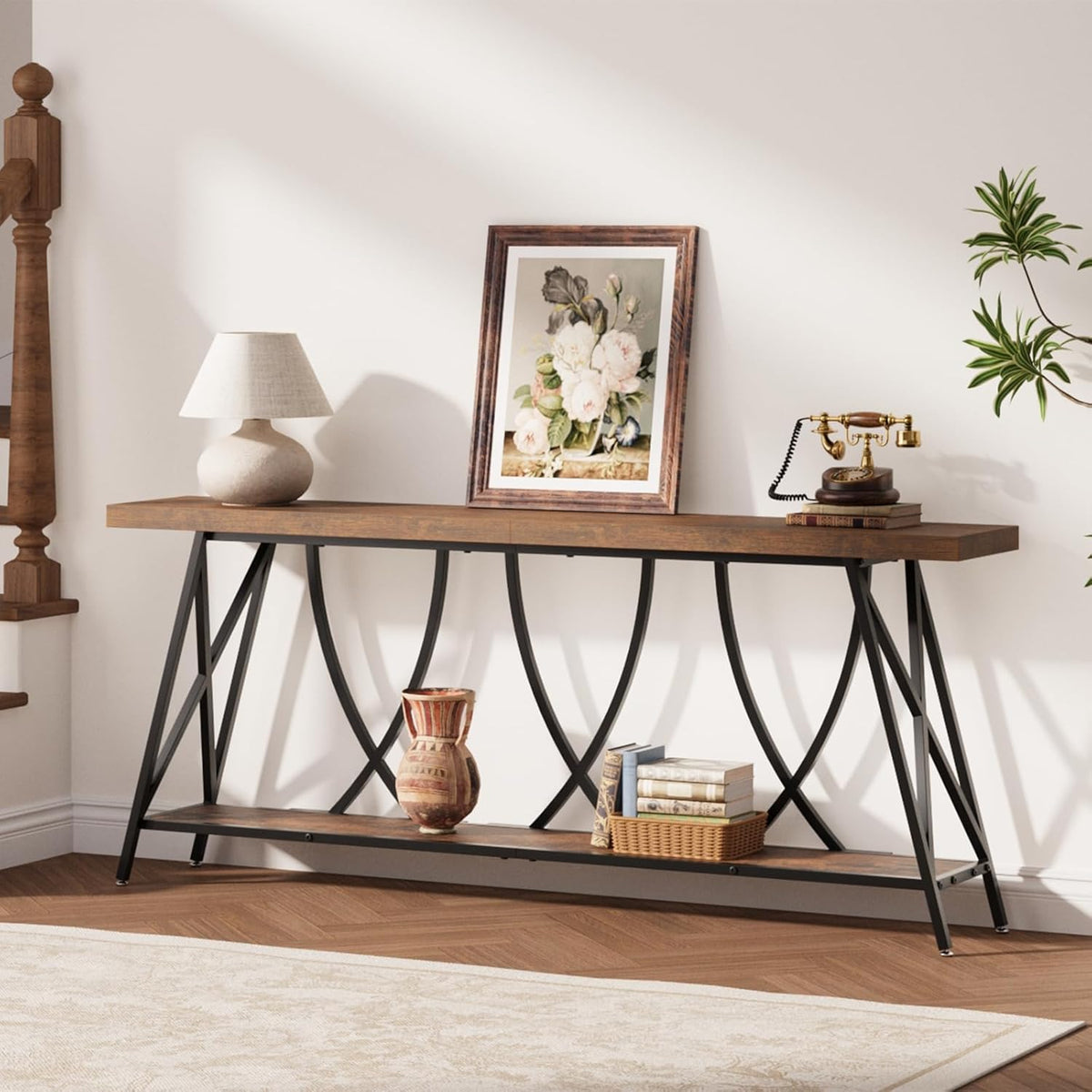 JUSTOGO 70.9" Narrow Console Table for Entryway, Industrial Long Sofa Table Behind Couch, Farmhouse Hallway Table with Storage for Living Room, Entrance, Foyer, Rustic Brown