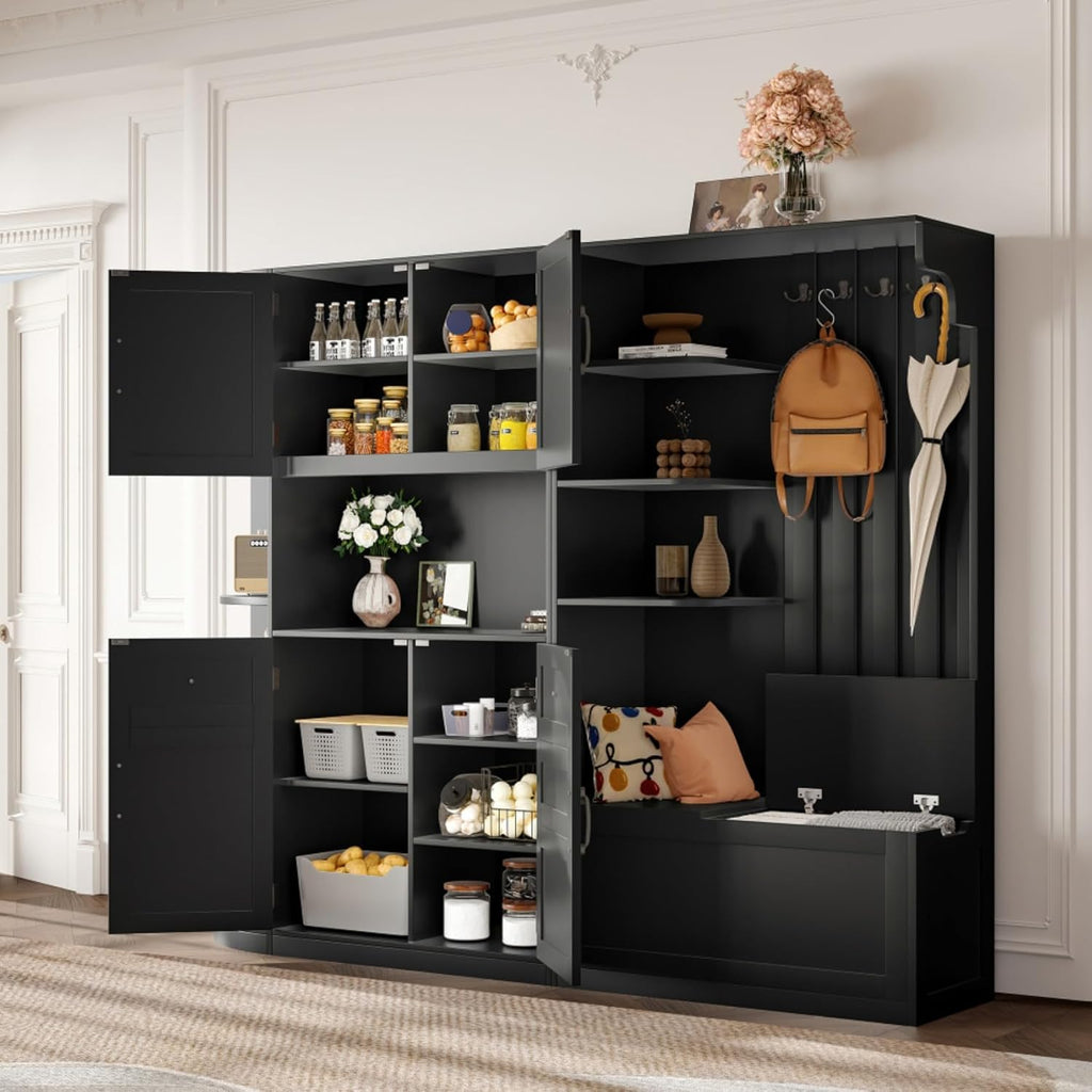 Multifunctional Left-Right Combination Hall Cabinet, Hall Tree with Storage and 4 Hooks, Storage Cabinet for Living Room, Kitchen and Hallway, Black