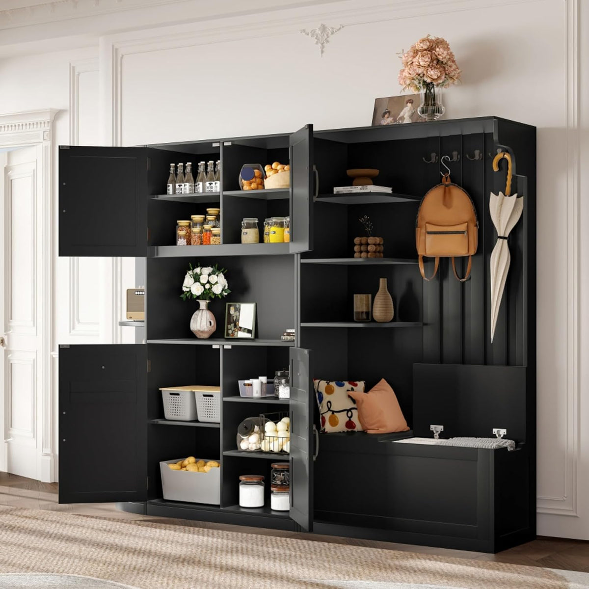 Multifunctional Left-Right Combination Hall Cabinet, Hall Tree with Storage and 4 Hooks, Storage Cabinet for Living Room, Kitchen and Hallway, Black