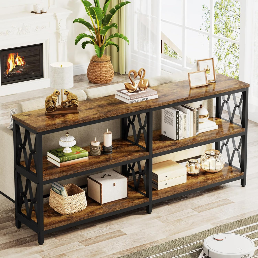 LITTLE TREE Console Table with Storage Shelves, 70.9" Industrial 3-Tier Sofa Table for Living Room, Long Foyer Table Entryway Table for Hallway, Front Door, Entrance, Rustic Brown & Black