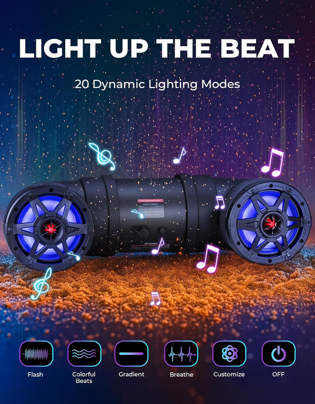 KEMIMOTO ATV Speaker 6.5 Inch Bluetooth-connectivity ATV UTV Sound Bar w/ 20 RGB Light Modes, 2X Full Range Speakers 2X Tweeters Boat Sound System Compatible with Polaris Sportman Fourtrax Can Am