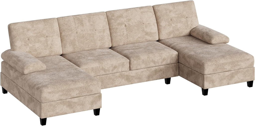 U-Shaped Sectional Couches for Living Room, 4 Seat Sofa with Double Chaise Lounges,Solid Wood Frame Sectional Sofa for Apartment,Beige