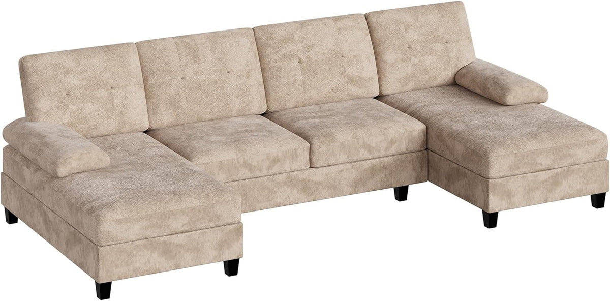 U-Shaped Sectional Couches for Living Room, 4 Seat Sofa with Double Chaise Lounges,Solid Wood Frame Sectional Sofa for Apartment,Beige