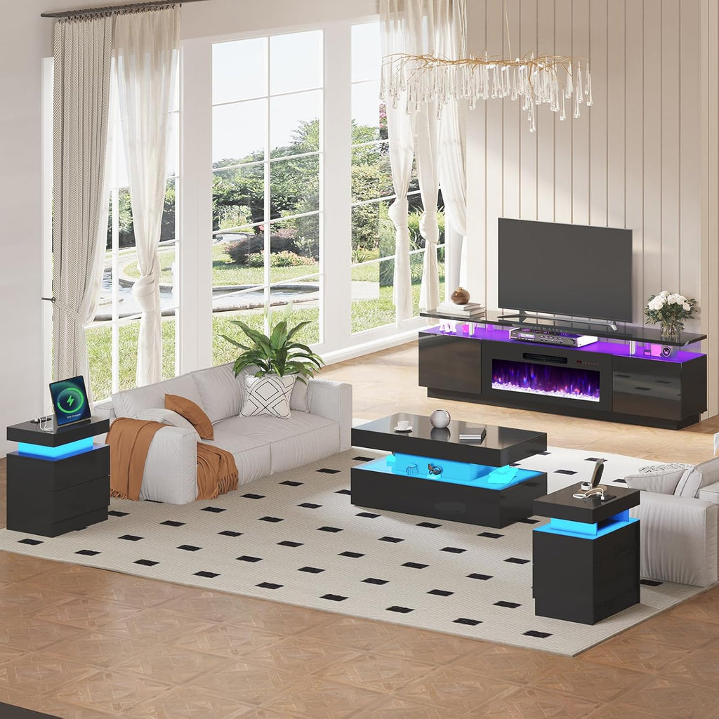 AMERLIFE 5 Piece Modern Living Room Table Set, Includes 80" Fireplace TV Stand, 2-Tier Coffee Table, 2 X Side Tables with Charging Station, LED Media Furniture, Black