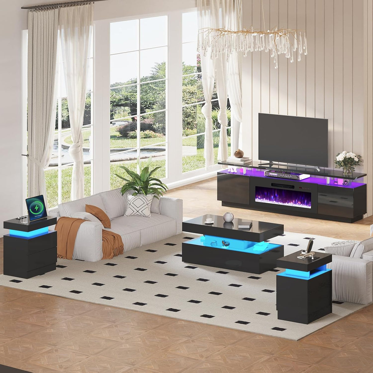 AMERLIFE 5 Piece Modern Living Room Table Set, Includes 80" Fireplace TV Stand, 2-Tier Coffee Table, 2 X Side Tables with Charging Station, LED Media Furniture, Black