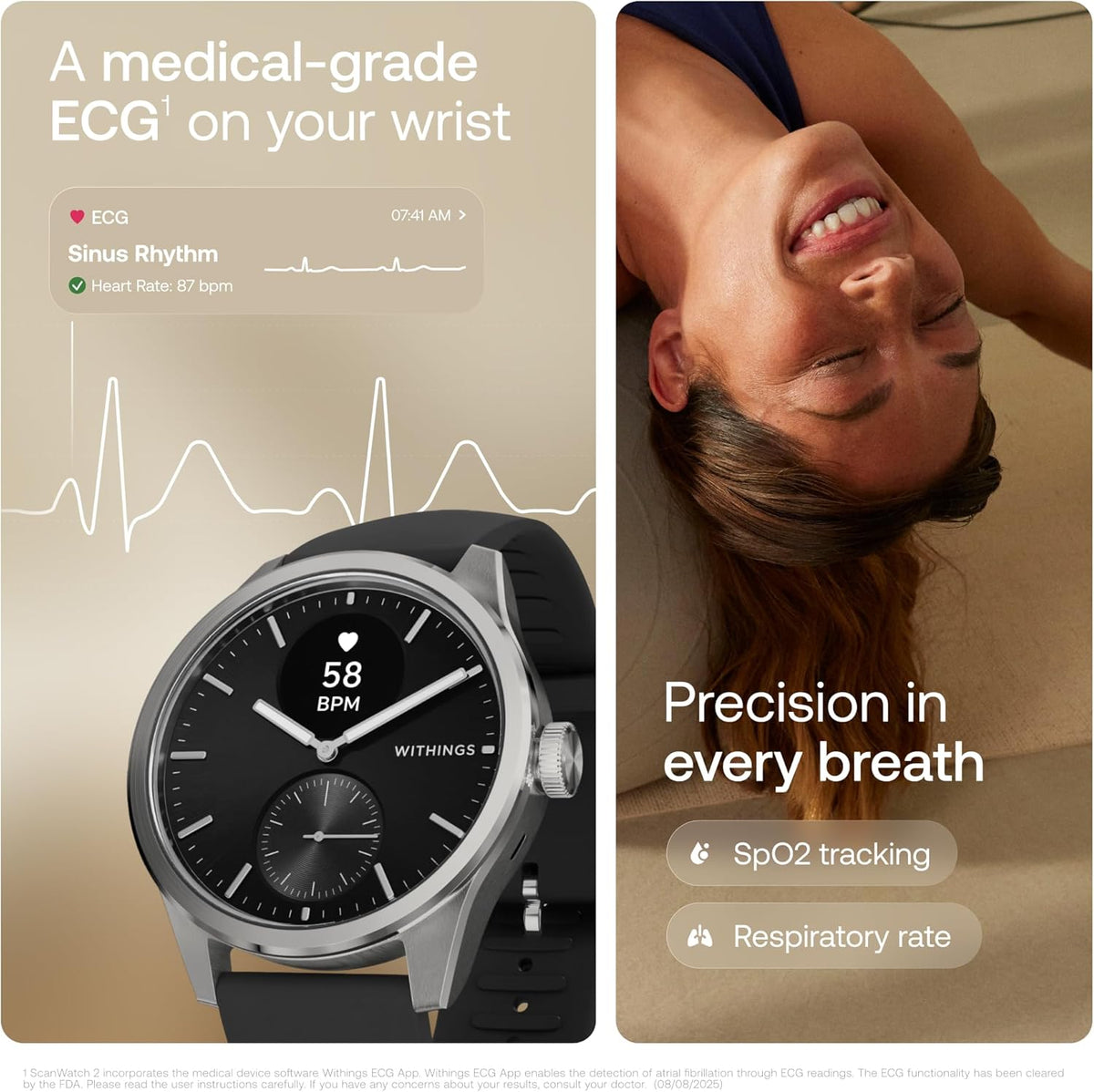 WITHINGS ScanWatch 2 - Hybrid Smart Watch, Heart Rate Monitoring, Fitness Tracker, Cycle Tracker, Sleep Monitoring, GPS Tracker, 30-Day Battery Life, Android & Apple Compatible, HSA/FSA