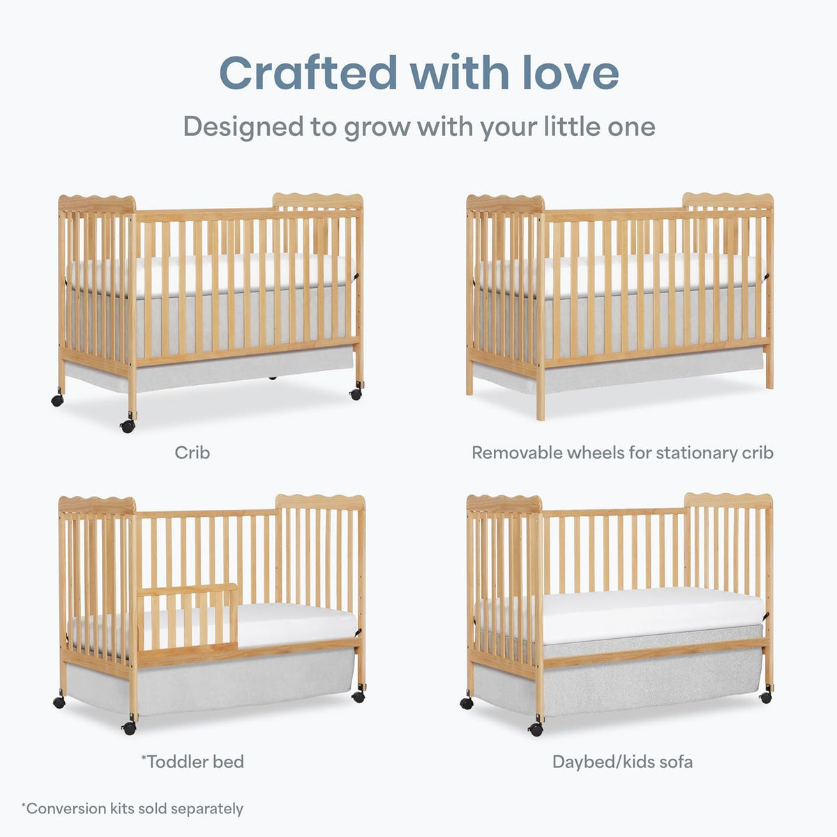 Dream On Me Carson Classic 3-in-1 Convertible Full-Size Baby Crib in Natural, GreenGuard Gold & BSA, 4 Mattress Heights, Converts to Day & Toddler Bed, Locking Wheels, Classic Nursery Design