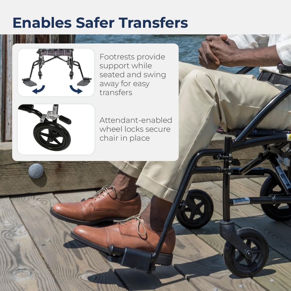 Drive Medical DFL19-BLK Fly-Lite Lightweight Folding Transport Wheelchair with Swing-Away Footrests, Black