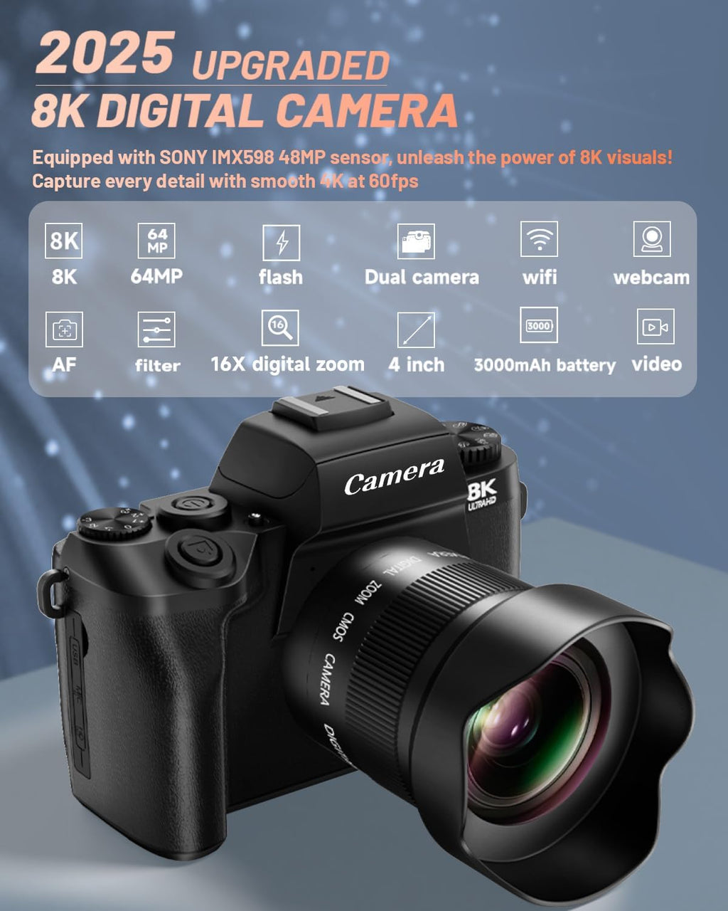 8K Digital Camera for Beginner, Vloggin Camera for YouTube, Autofocus, WiFi, 4 Inch Touchscreen, 16X Digital Zoom, 3000mAh Battery, Dual-Lens, Lens Hood, 32GB TF Card and Flash,Black