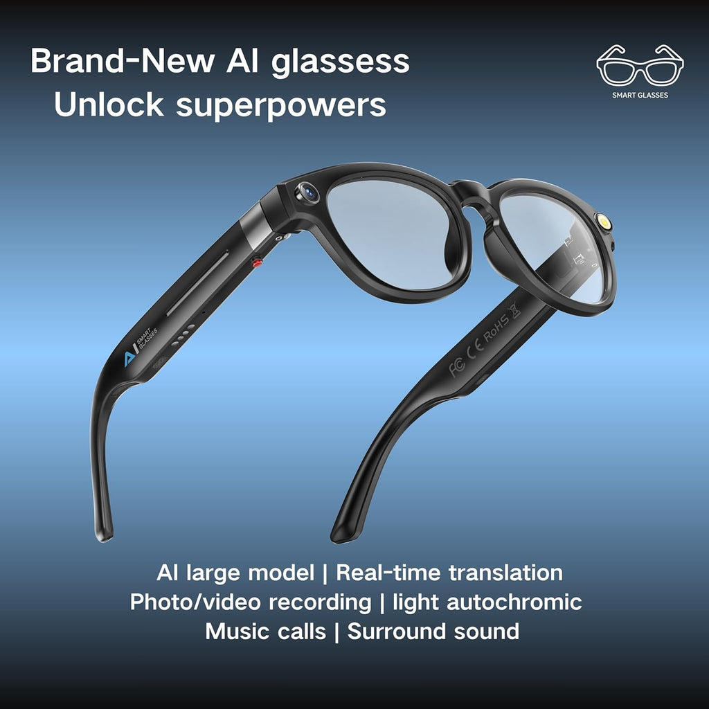AI Smart Glasses with 8MP Camera, 1080P Video Recording Sunglasses with Audio, Real-Time Translation & Object Recognition, Bluetooth Smart Eyewear withVoice Assistant (Black)