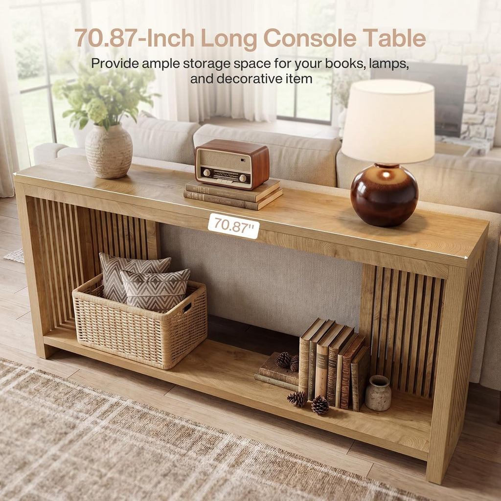 Tribesigns 70.9-Inch Long Entryway Table with 2-Tier Storage, Farmhouse Narrow Sofa Console Table with Vertical Stripe Legs, for Entrance, Entryway, Hallway, Foyer, Behind the Couch, Brown