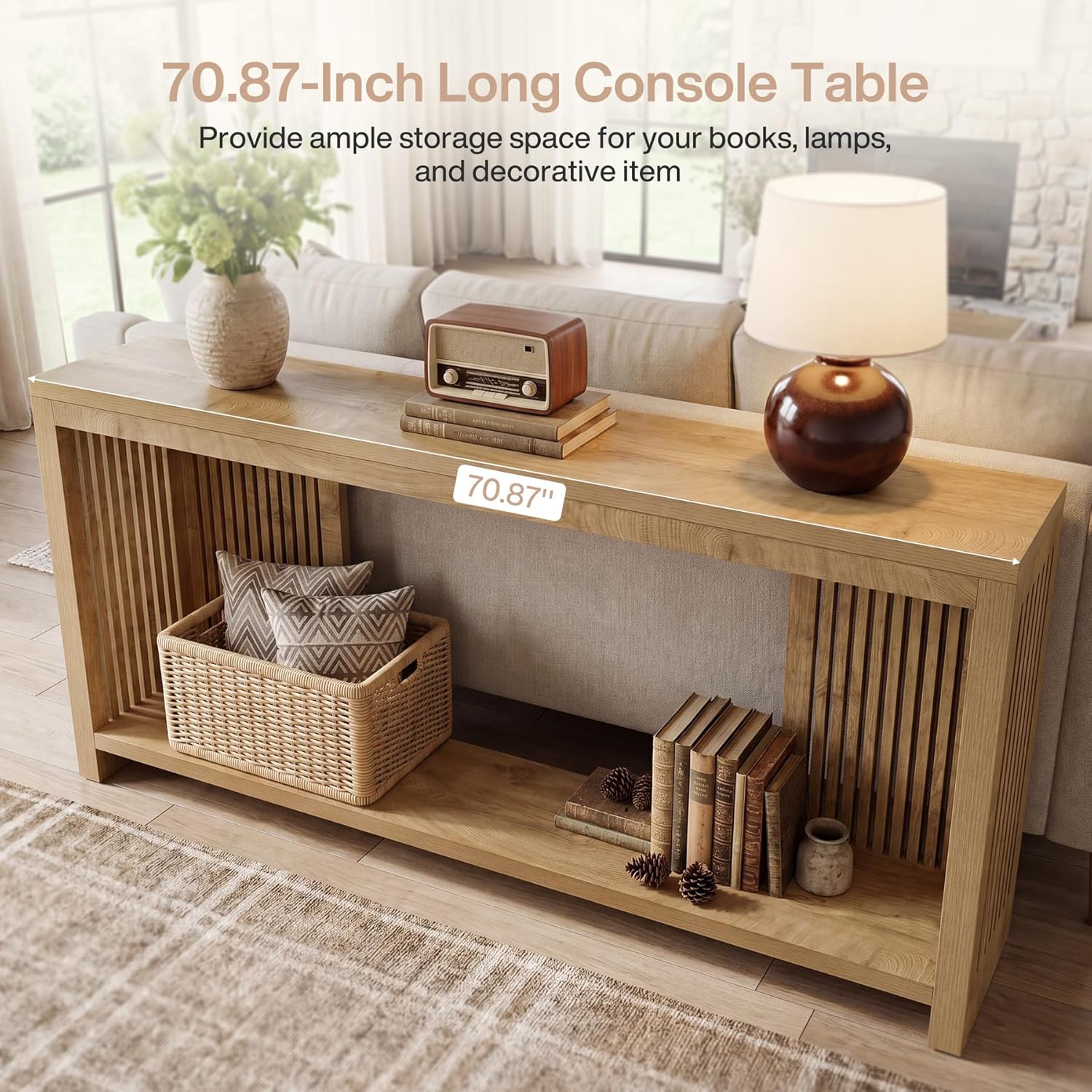 Tribesigns 70.9-Inch Long Entryway Table with 2-Tier Storage, Farmhouse Narrow Sofa Console Table with Vertical Stripe Legs, for Entrance, Entryway, Hallway, Foyer, Behind the Couch, Brown