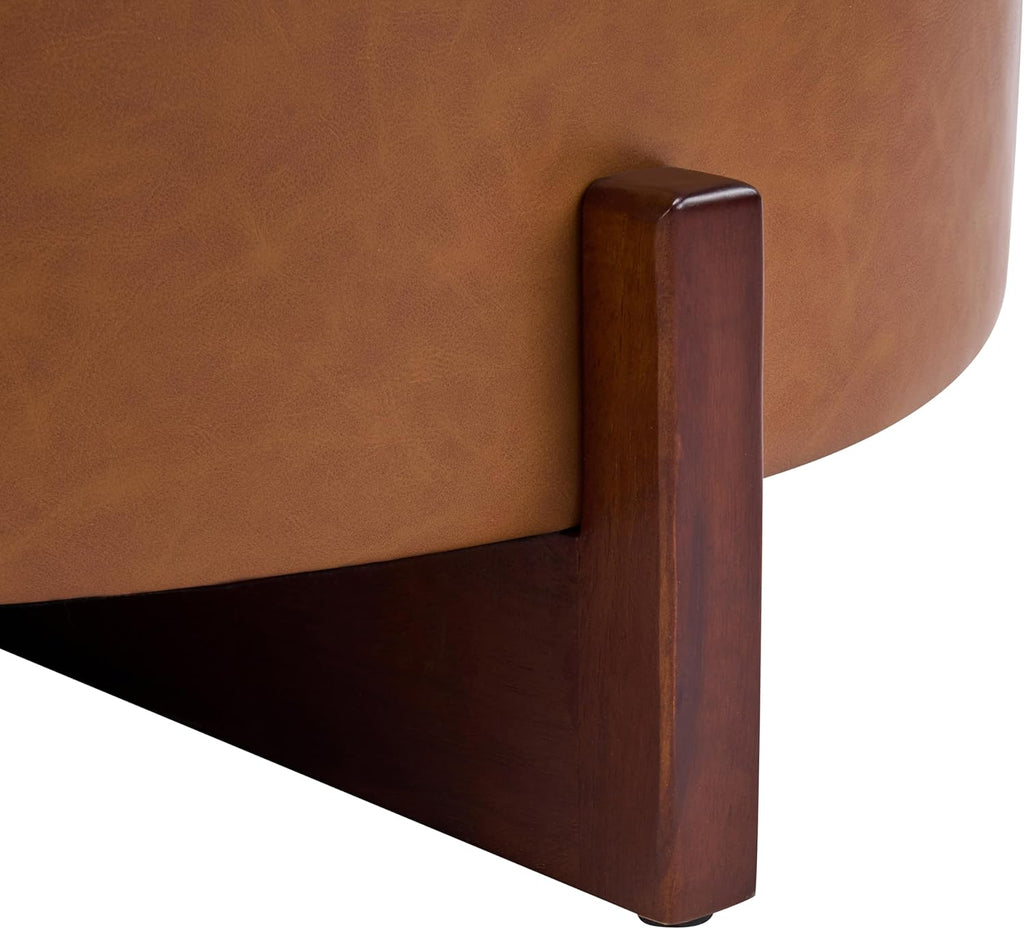 Christopher Knight Home 32" Round Storage Ottoman with Reversible Wooden Lid, Faux Leather Tufted Coffee Table, 2-in-1 Storage Ottoman, Hidden Storage Compartment, Solid Rubber Wood Base, Brown