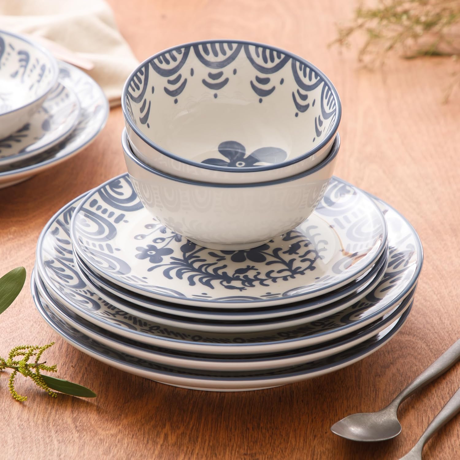 Bloomhouse - 2-Time Oprah's Favorite Things - Valencia Flor 16 Piece Dinnerware Set, Artisanal Decorated Stoneware Plates & Bowls, Service for 4, Microwave & Dishwasher Safe, Iris Blue