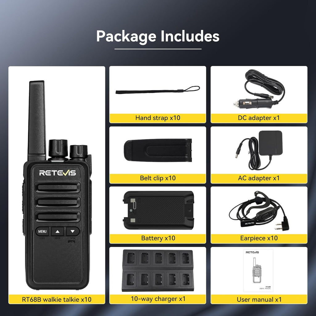 Retevis RT68B Walkie Talkies for Adults Long Range, Push Button, 10 Multi Way Charger & Earpieces, Easier Securer Charging, Rugged Rechargeable Two Way Radios for School Industry Warehouse(10 Pack)