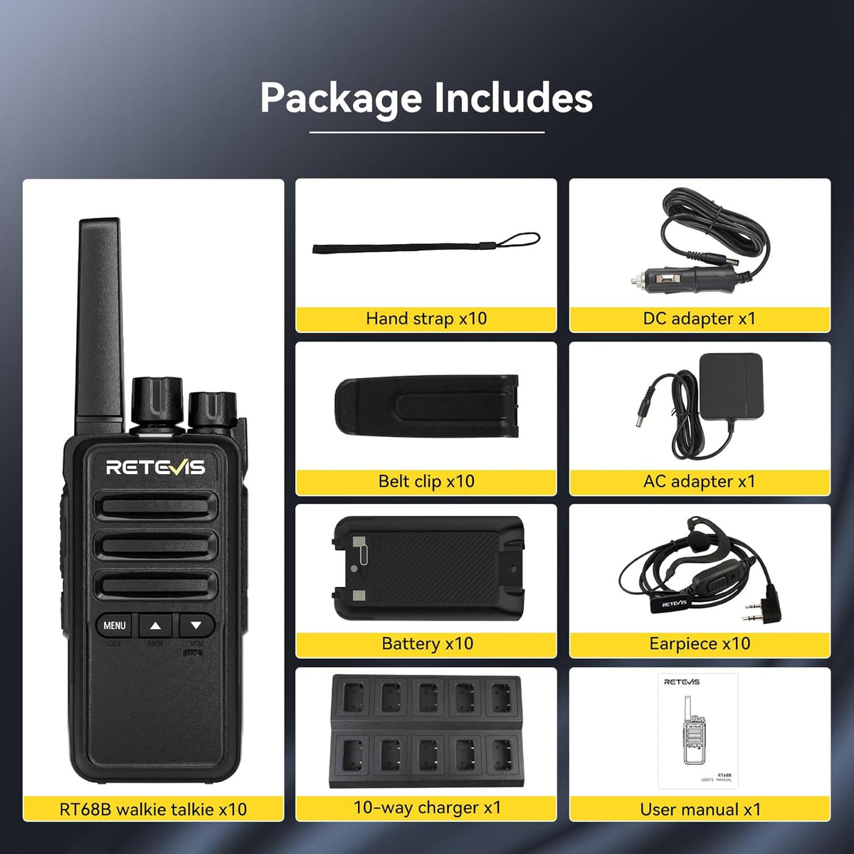Retevis RT68B Walkie Talkies for Adults Long Range, Push Button, 10 Multi Way Charger & Earpieces, Easier Securer Charging, Rugged Rechargeable Two Way Radios for School Industry Warehouse(10 Pack)