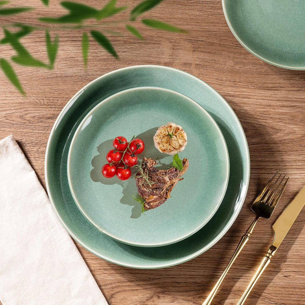 GBHOME Dinnerware Sets with Double Bowls for 6, 24 Pieces Stoneware Plates and Bowls Set, Scratch Resistant Ceramic Dishes Set, Dishwasher & Microwave Safe-Malachite Green