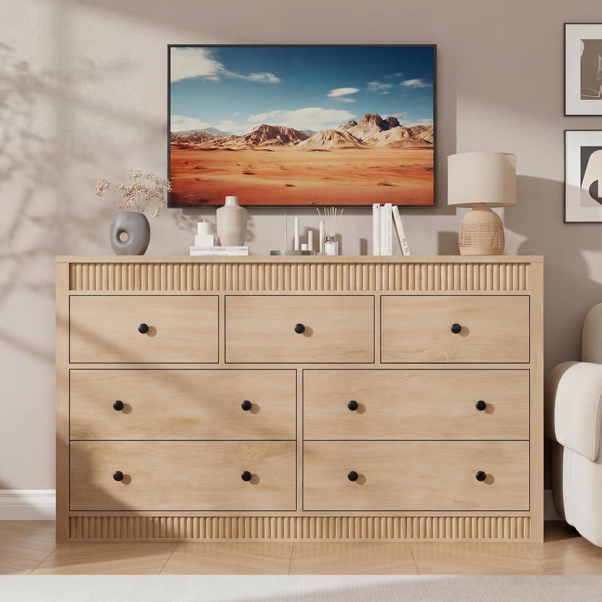 GarveeHome 7 Drawer Dresser for Bedroom, 54" Wide Fluted Wooden Chest of Drawers, Modern Long Storage Dresser Organizer for Living Room, Hallway, Entryway, Natural Oak