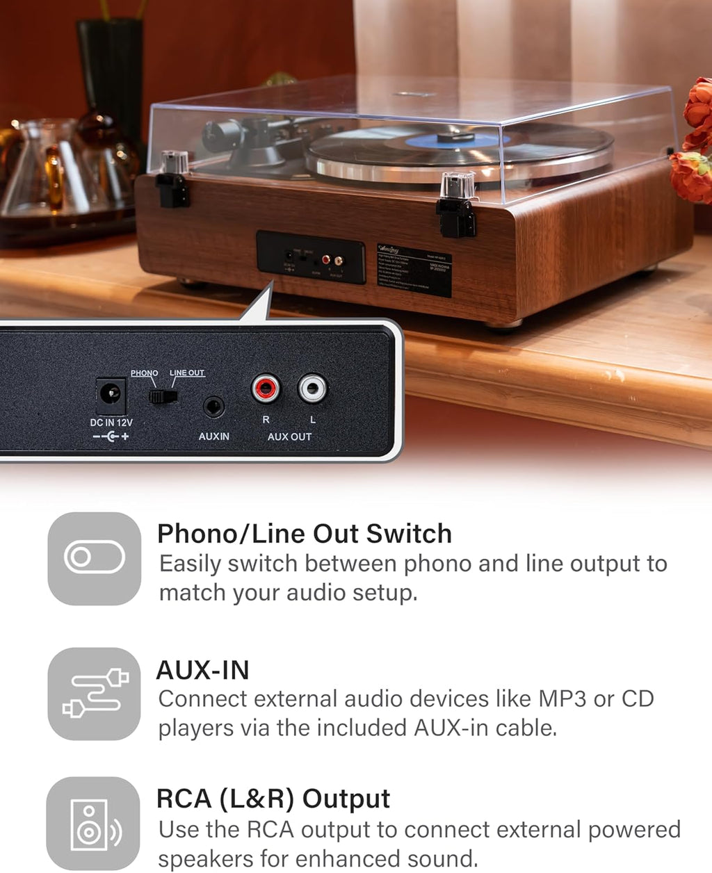 Annesburg Vinyl Record Player, Bluetooth Turntable with Built-in Speakers, High Fidelity Belt Drive 33/45 RPM, AT-3600L Magnetic Cartridge, Wood Walnut