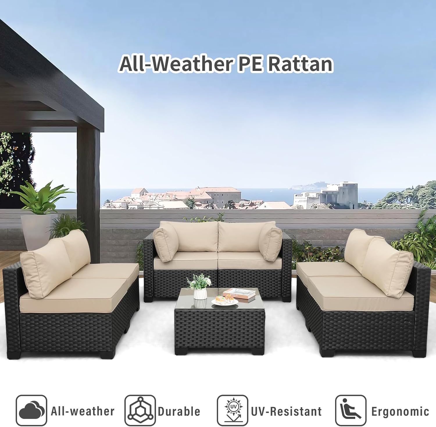 Valita 7 Pieces Outdoor Wicker Furniture Conversation Set Patio Sectional Sofa Set Glass Table with Non-Slip Cushions Furniture Cover, Khaki