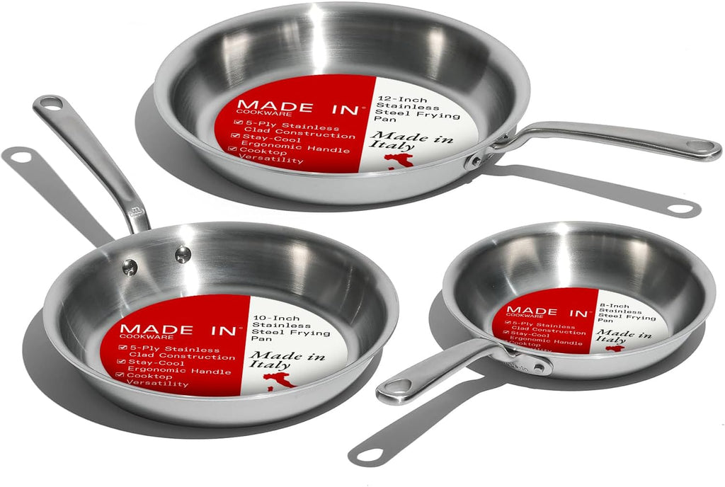 Made In Cookware | 3-Piece (Includes 8",10",12") Stainless Frying Pan Set | 5 Ply Stainless Clad | Professional Cookware | Crafted in Italy | Induction Compatible