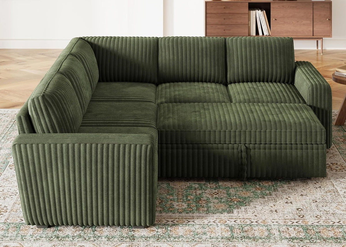 HONBAY Modular Sectional Sleeper Sofa with Pull Out Bed,Corduroy L Shaped Couch with Storage, Sectional Couches for Living Room,Green