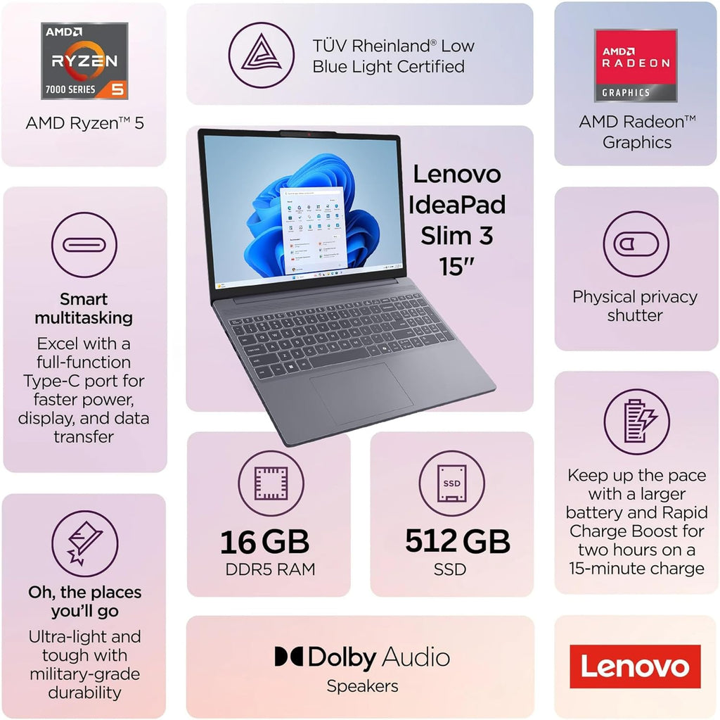 Lenovo Gaming Laptop, 15" WUXGA IPS Display, AMD Ryzen 5 7535HS, 24GB DDR5 RAM, 1TB PCIe SSD, Radeon 660M Graphics, Copilot AI PC, HDMI, Type-C, WiFi 6, Bluetooth 5.3, Luna Grey, Windows 11 Home
