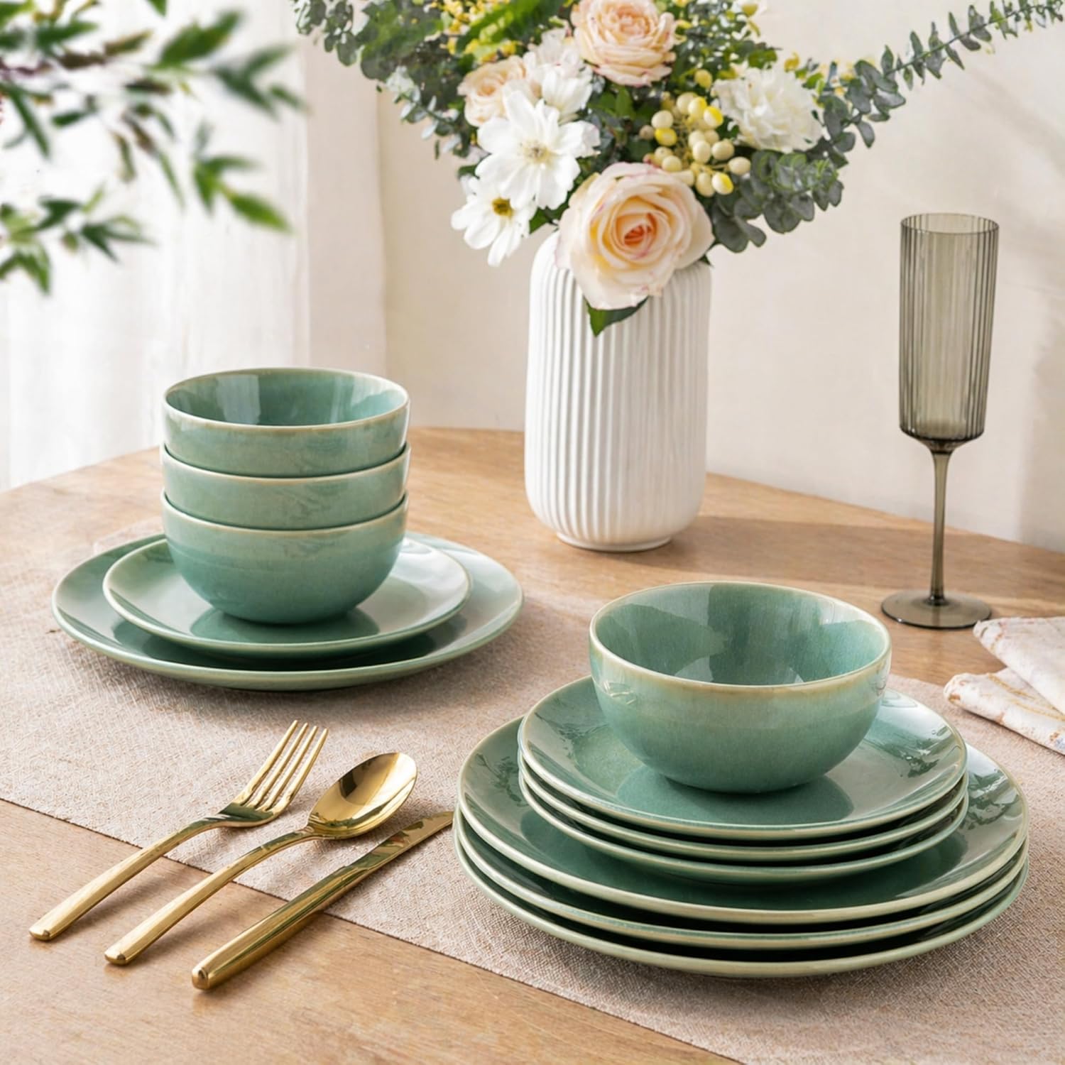 GBHOME Dinnerware Sets with Double Bowls for 6, 24 Pieces Stoneware Plates and Bowls Set, Scratch Resistant Ceramic Dishes Set, Dishwasher & Microwave Safe-Malachite Green