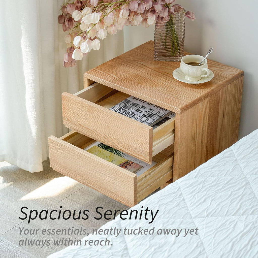 Night Stand, Mid Century Modern Nightstand w/2 Drawers, Boho Small Bedside Table, Oak Solid Wood, 17.72 W x 15.75 D x 19.69 H Inches (Natural, Double Drawer)