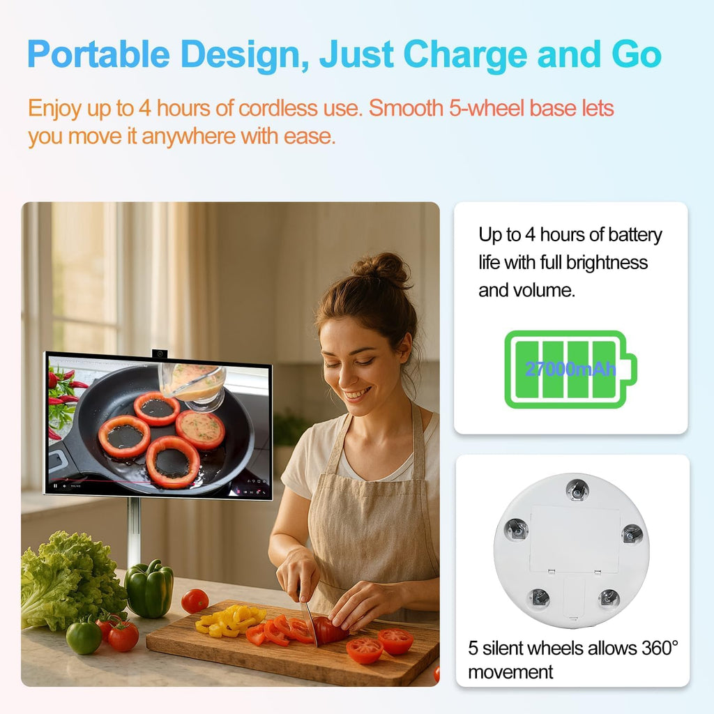 27" Portable Smart Touchscreen Tablet TV on Wheels, Android 15 OS Mobile Smart Display with Google EDLA Certification, 6GB+128GB, Built-in Battery, 4K Camera, Wireless Casting, Rotating Rolling Stand