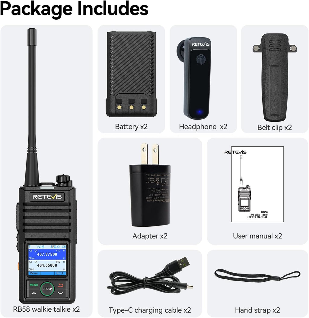Retevis RB58 Bluetooth Walkie Talkies with Wireless Earpieces,IP54 Two Way Radio with Noise Cancelling,APP Control,Group Call,1800mAh,NOAA,VOX,Emergency Alarm,for Hunting Camping Family(2 Pack)