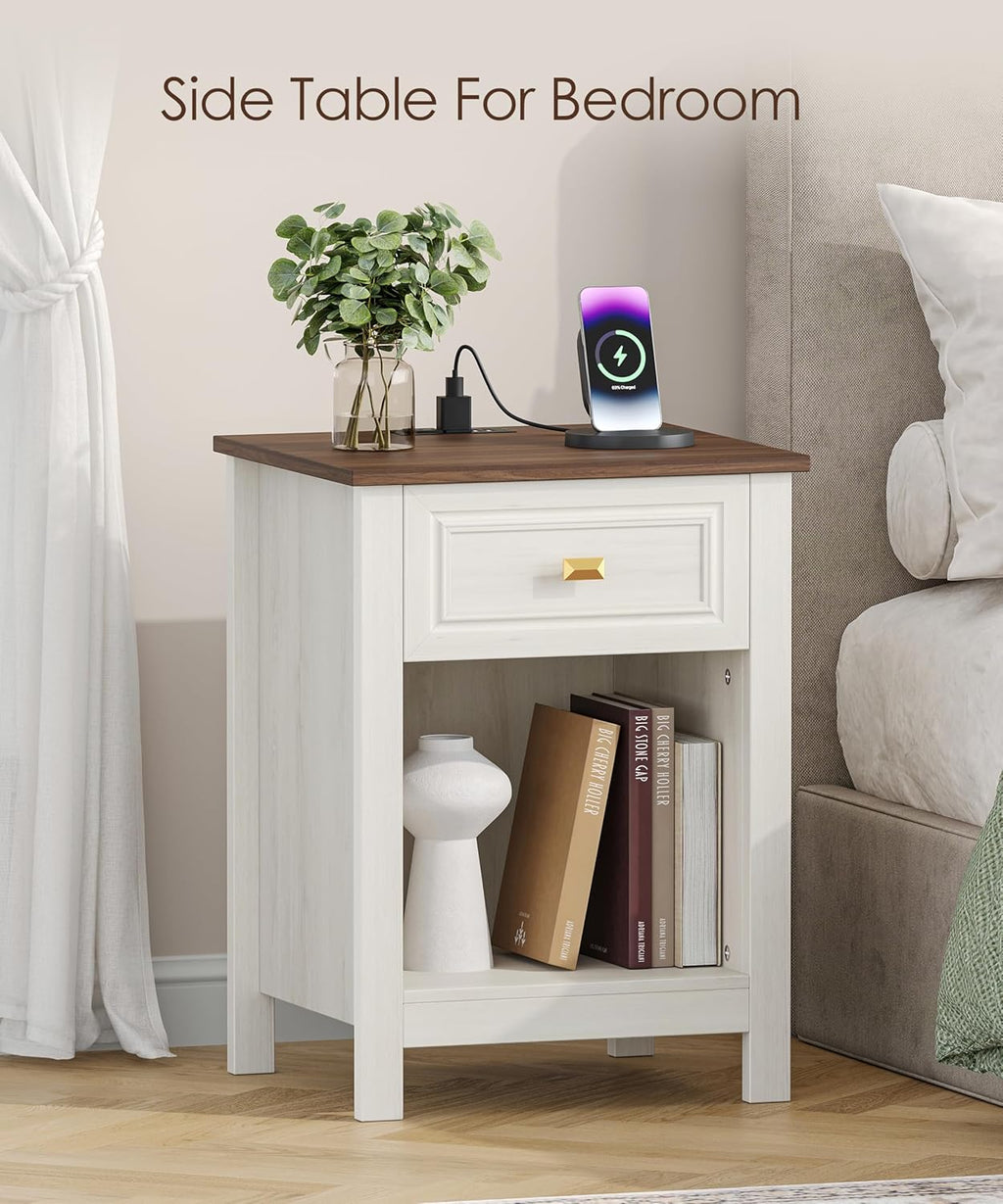 Akxomel Farmhouse Nightstands Set of 2, Night Stand with Charging Station, Wooden Side End Table with Drawer and Storage Shelf, Modern Bedside Table with Golden Handle, for Bedroom, Off White