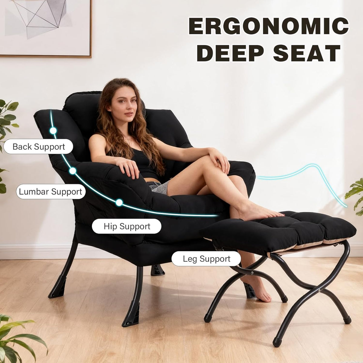 Lazy Chair with Ottoman, Modern Accent Chair Contemporary Lounge Leisure Sofa Chair with Armrests, Reading Chair and Folding Footstool Set for Living Room, Bedroom, Office, Black