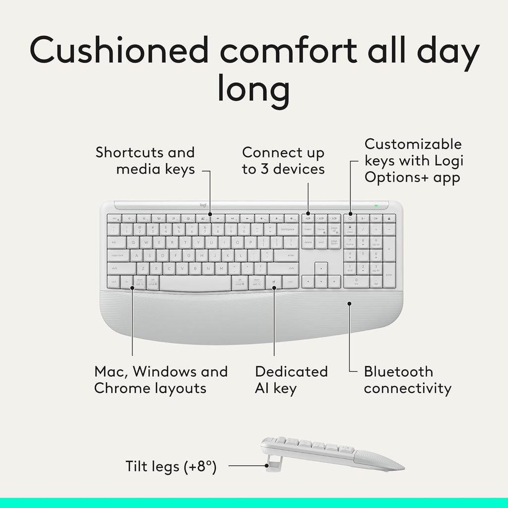 Logitech Signature Comfort Plus Combo MK880 Wireless Keyboard and Mouse Combo, Full-Size Comfort Keyboard with Palm Rest, Silent Clicks, Bluetooth, for Windows and macOS - Off White