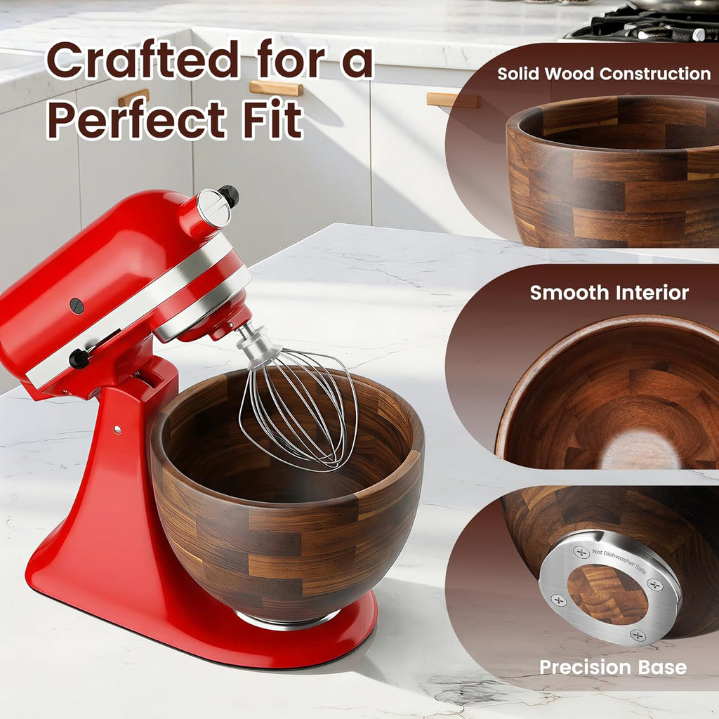 KitchenAid 5 QT Solid Acacia Wood Mixing Bowl for 4.5 & 5 Quart Tilt-Head Stand Mixers with Locking Steel Base, Warmer & Quieter Replacement Bowl for Baking & Dough, Kitchen Gift Idea
