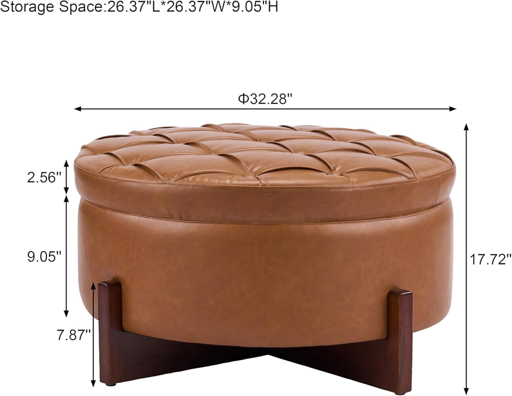 Christopher Knight Home 32" Round Storage Ottoman with Reversible Wooden Lid, Faux Leather Tufted Coffee Table, 2-in-1 Storage Ottoman, Hidden Storage Compartment, Solid Rubber Wood Base, Brown