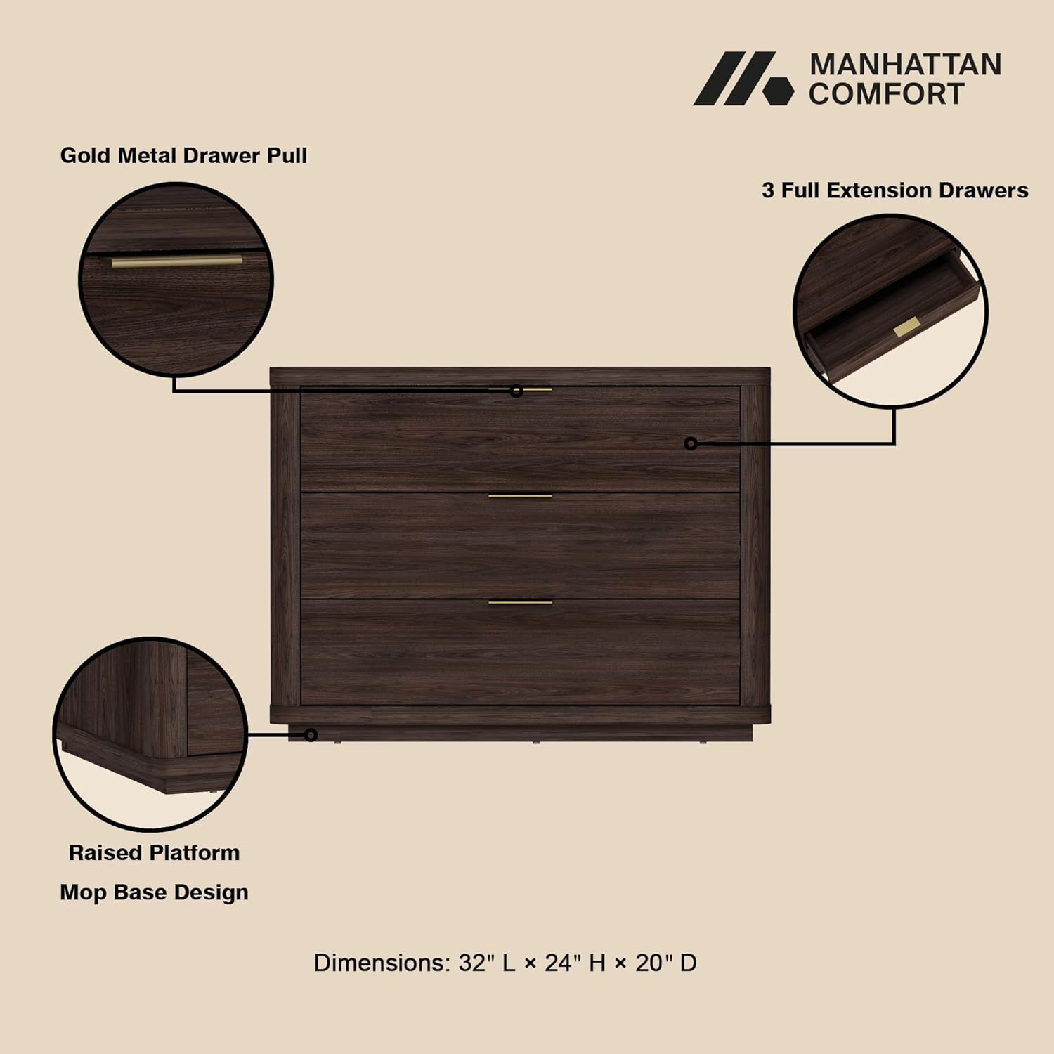 Manhattan Comfort Evelyn Nightstand with 3 Drawers, Minimalist Wood Grain Bedside Table with Rounded Corners and Raised Base, Modern End Table for Bedroom, Entryway, or Living Room in Brown