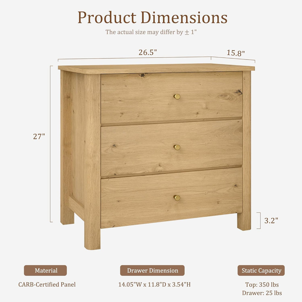 Large Oak Wood Nightstand with 3 Drawers, 27" Tall Modern Mid Century Bedside Table for King & Queen Beds, Sturdy Dresser Nightstand for Bedroom, Natural Grain