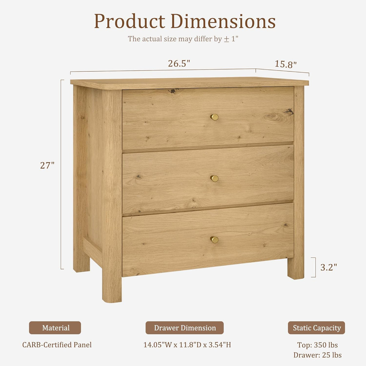 Large Oak Wood Nightstand with 3 Drawers, 27" Tall Modern Mid Century Bedside Table for King & Queen Beds, Sturdy Dresser Nightstand for Bedroom, Natural Grain