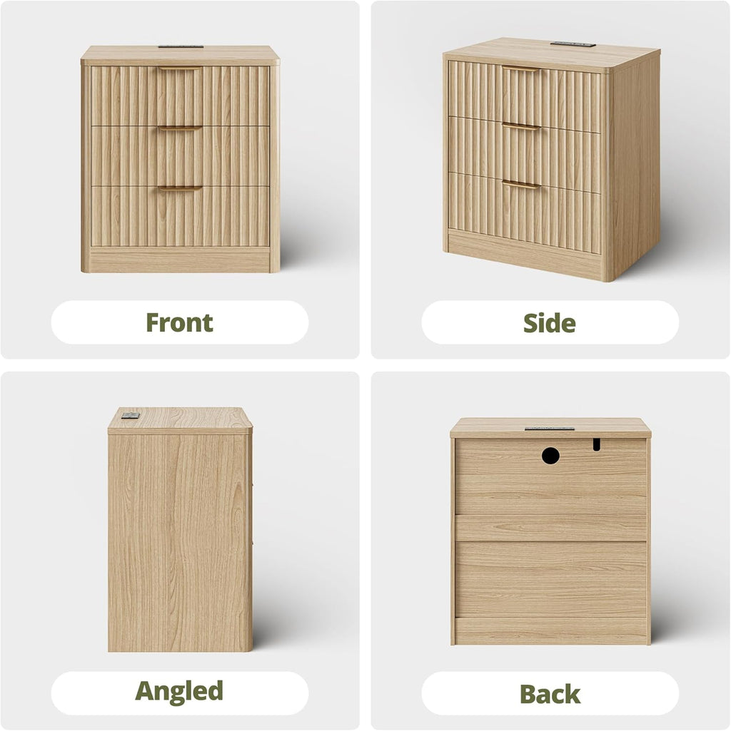 IRONCK Fluted Night Stand Set of 2, 22" Modern Nightstand with Charging Station & 3 Drawers, Bedside Table for Bedroom, Natural Oak