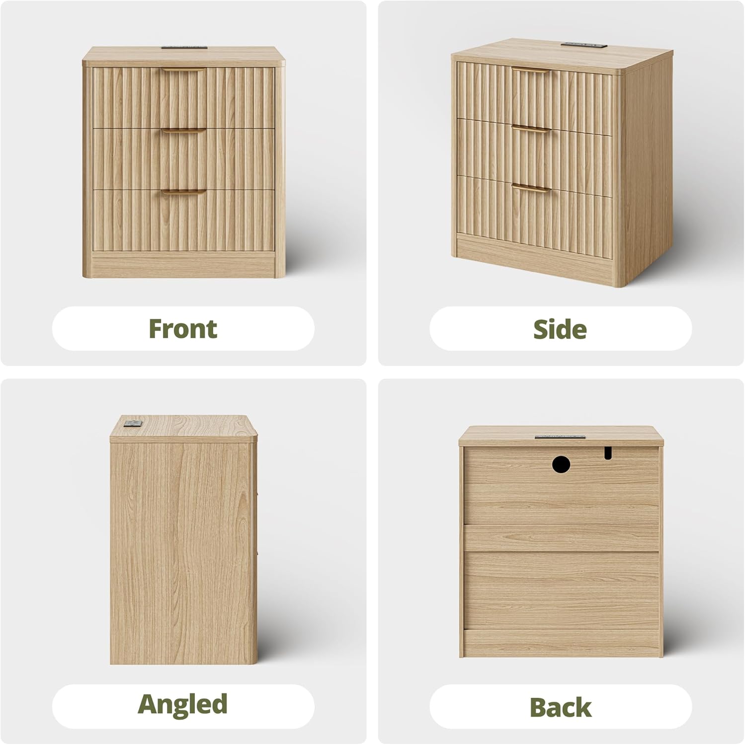 IRONCK Fluted Night Stand Set of 2, 22" Modern Nightstand with Charging Station & 3 Drawers, Bedside Table for Bedroom, Natural Oak
