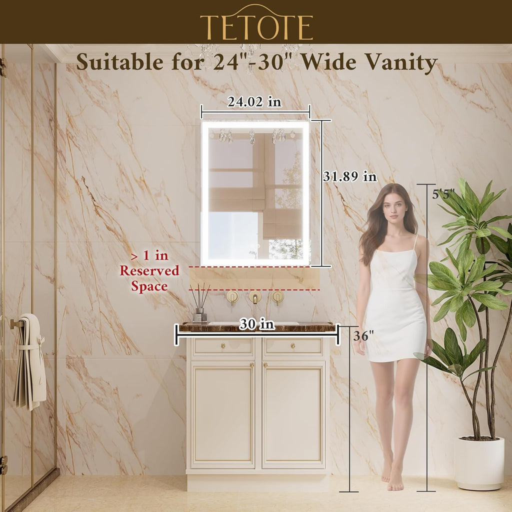 TETOTE 24 x 32 Medicine Cabinet with Lights, Adjustable Shelves, Silver Aluminum Cabinet, Anti-Fog Stepless Dimmable 3 Colors White/Warm/Natural, Easy to Install(Wall Mount/Recessed)