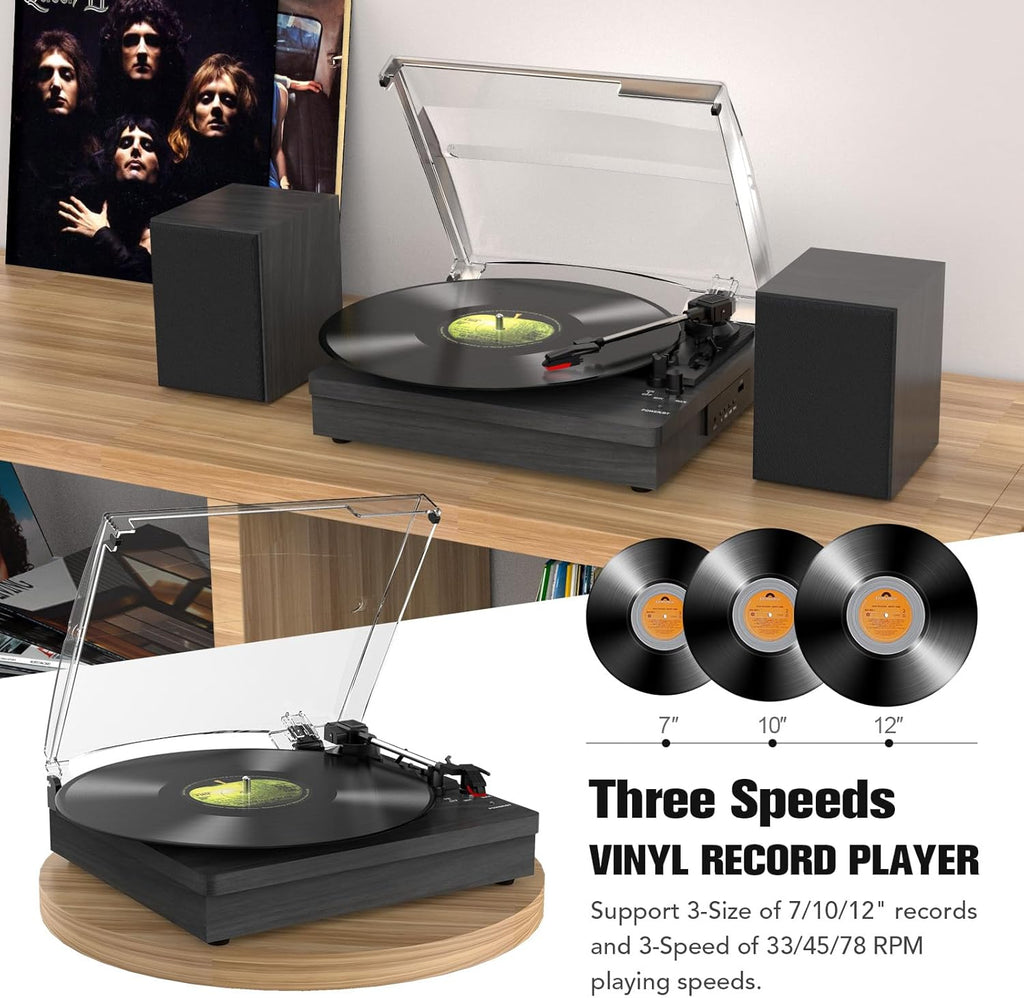 Vinyl Record Player with Two Stereo Speakers, Bluetooth Playback Turntable with 3 Speed AUX Headphone Input and RCA Out, Retro Black