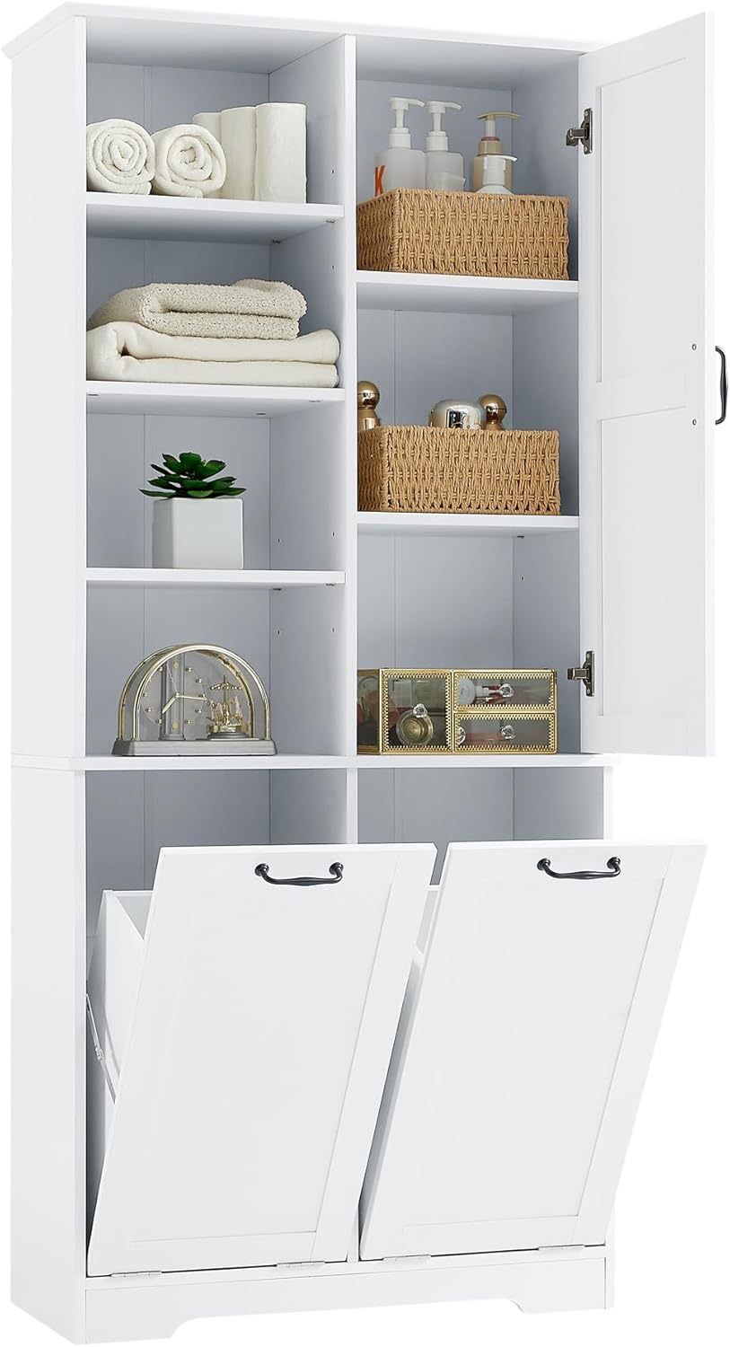 Merax Cabinet with Tilt-Out Laundry Hamper Basket, Tall Bathroom Storage Organizer Linen with Open Shelf for Home, Freestanding, White
