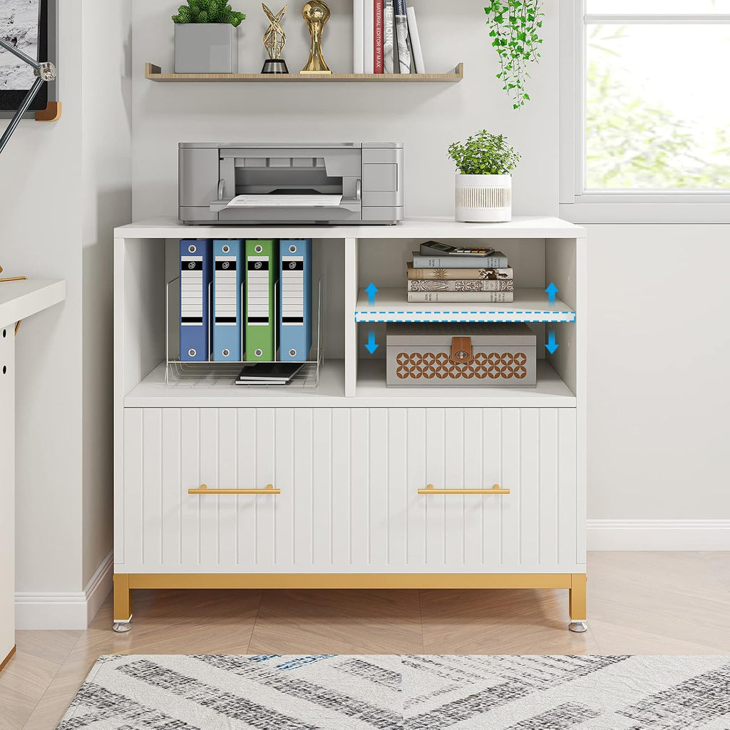 Tribesigns Lateral File Cabinet with Drawer, White Filing Cabinet for Letter/Legal/A4 Size Files, 35.4" Modern Wood File Storage Cabinets Printer Stand with Storage for Home, Office, White Gold