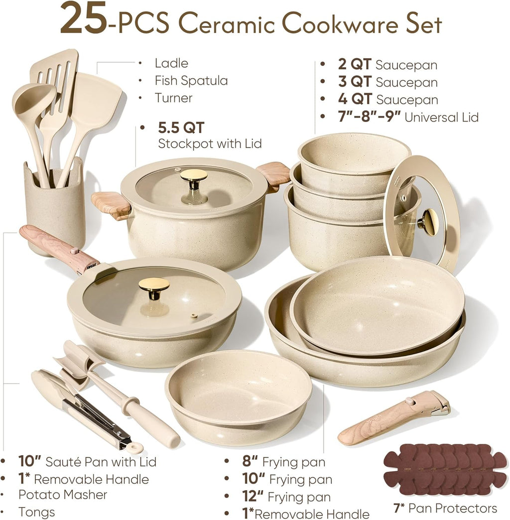 CAROTE 25PCS Ceramic Cookware Set, Pots and Pans set Non Stick, RV Kitchen Cooking Set Removable Handles, Oven Safe, Induction Cookware, Non-toxic Kitchen Cooking Set, PFAS and PFOA Free
