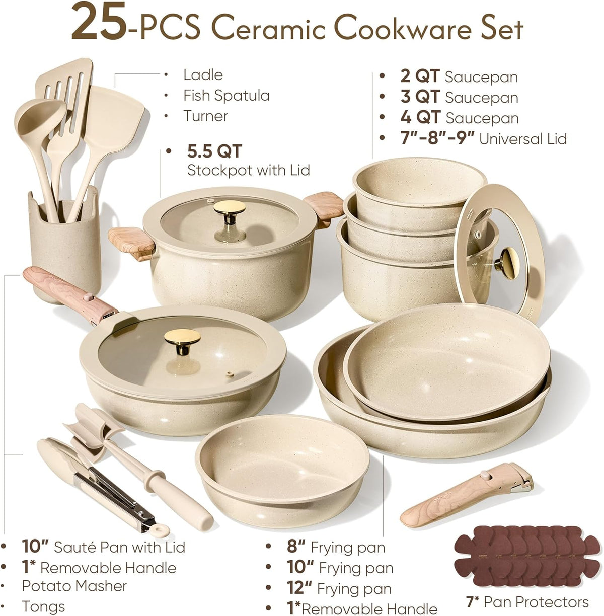 CAROTE 25PCS Ceramic Cookware Set, Pots and Pans set Non Stick, RV Kitchen Cooking Set Removable Handles, Oven Safe, Induction Cookware, Non-toxic Kitchen Cooking Set, PFAS and PFOA Free