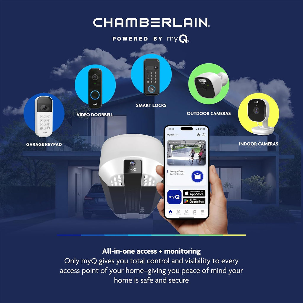 Chamberlain 3/4 HP Chain Drive Smart Garage Door Opener with Fixed Camera, Battery Backup, 2-Bulb Lighting, and myQ Connectivity